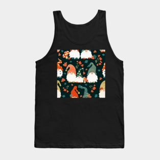 Autumn Gnomes with Long White Beards and Knitted Hats on Forest Green Background Tank Top